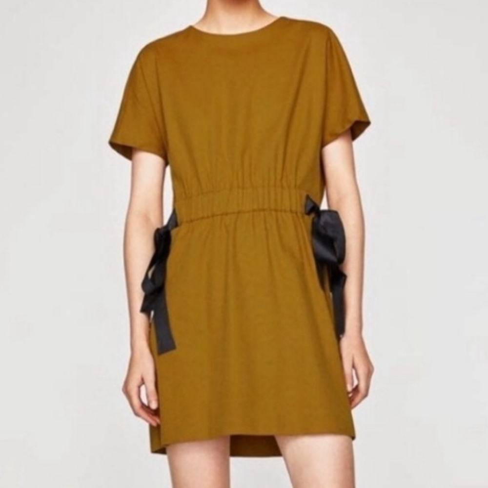 Zara Trafaluc Side Ribbon Tie Mini Dress Size Large Elastic Waist Zip Back Fall